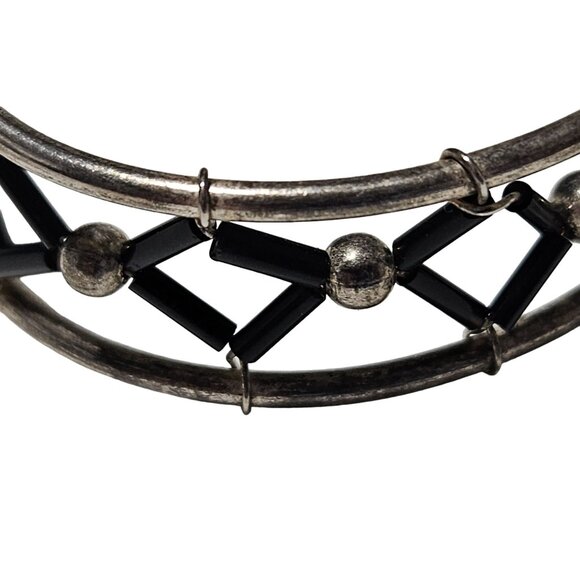 Vintage Boho Chic Silver Tone Cuff Bracelet Black Enamel Geometric Design Women - Picture 4 of 5